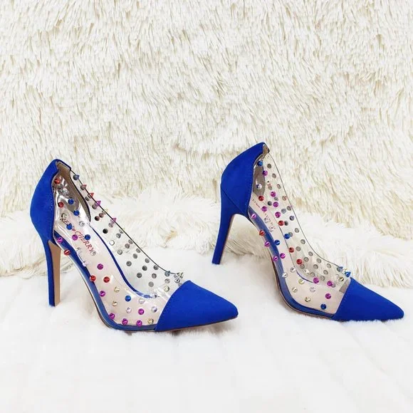 Gigi 09 Blue Multi Color Spiked Stiletto High Heel Shoes Pumps - Picture 7 of 9